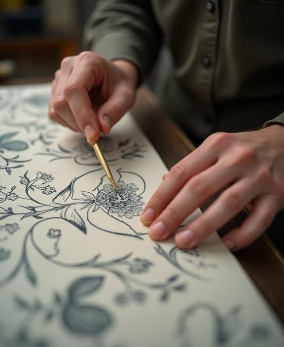 Primo piano di un artigiano che controlla la qualità di una stampa su carta da parati.