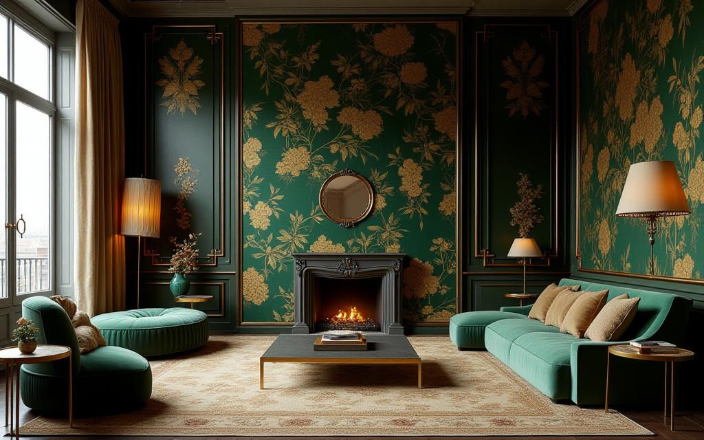 Interno di un salotto di lusso con carta da parati Ombra Luce con motivi botanici dorati.