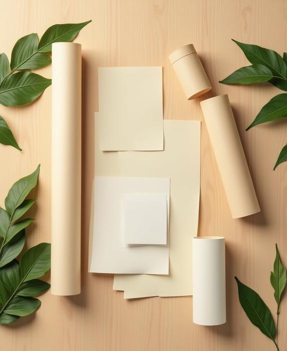 Immagine di rotoli di carta ecologica e campioni di colore naturali.